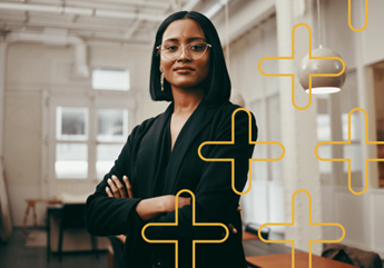 Business woman with plus icons on the image