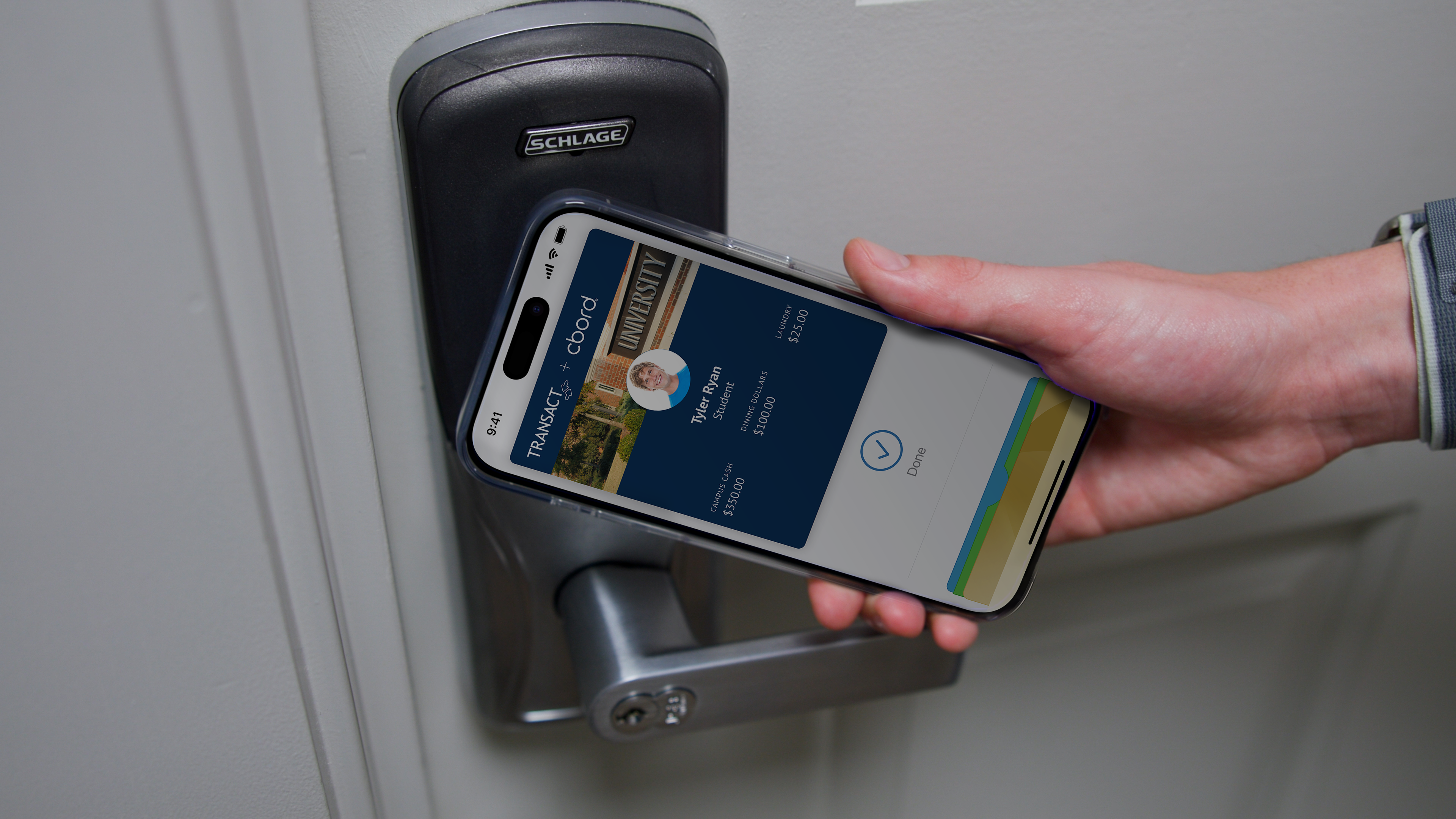 Student using Mobile Credential to get into a door